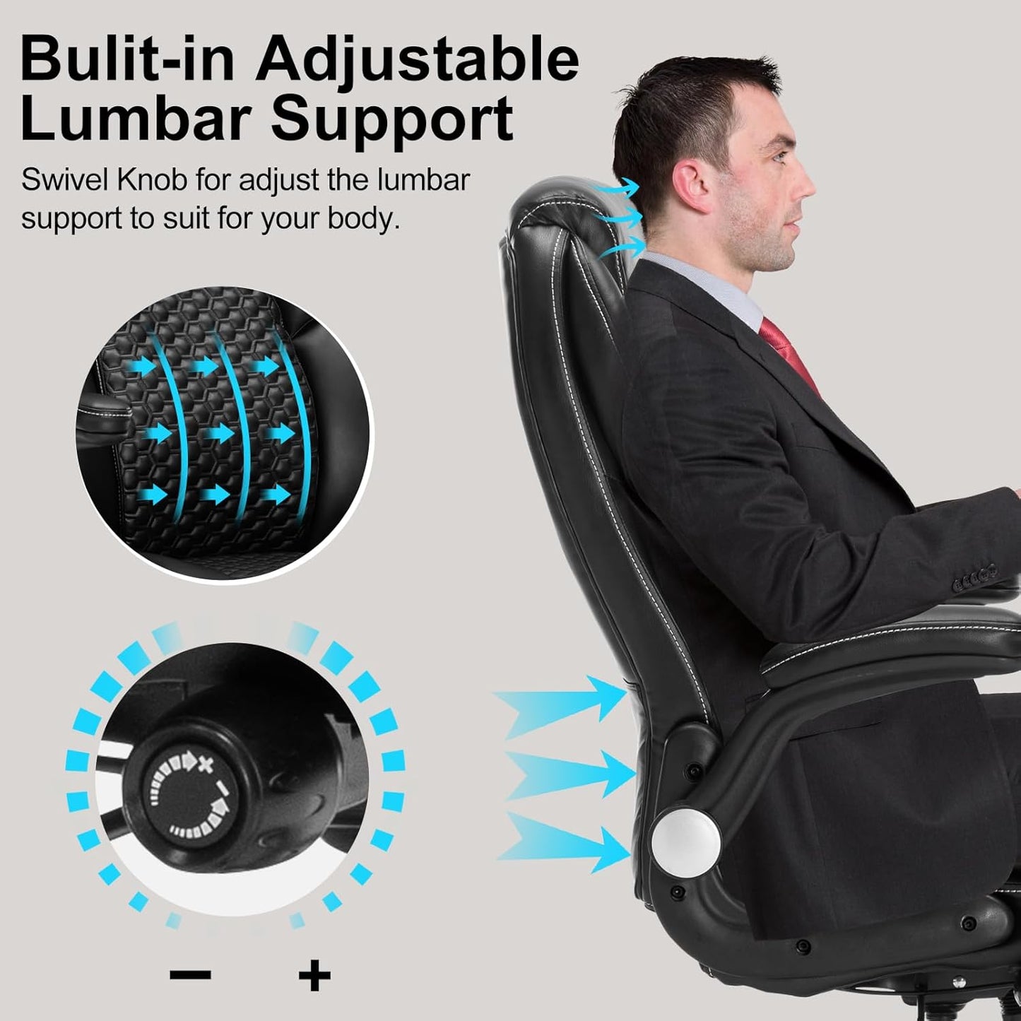 Home Office Chair, Executive Comeputer Desk Chair Ergonomic Office Chair with Adjustable Lumbar Support, Tilt Lock, PU Leather, Swivel Rolling Chair for Gaming Adult Working Study-Black