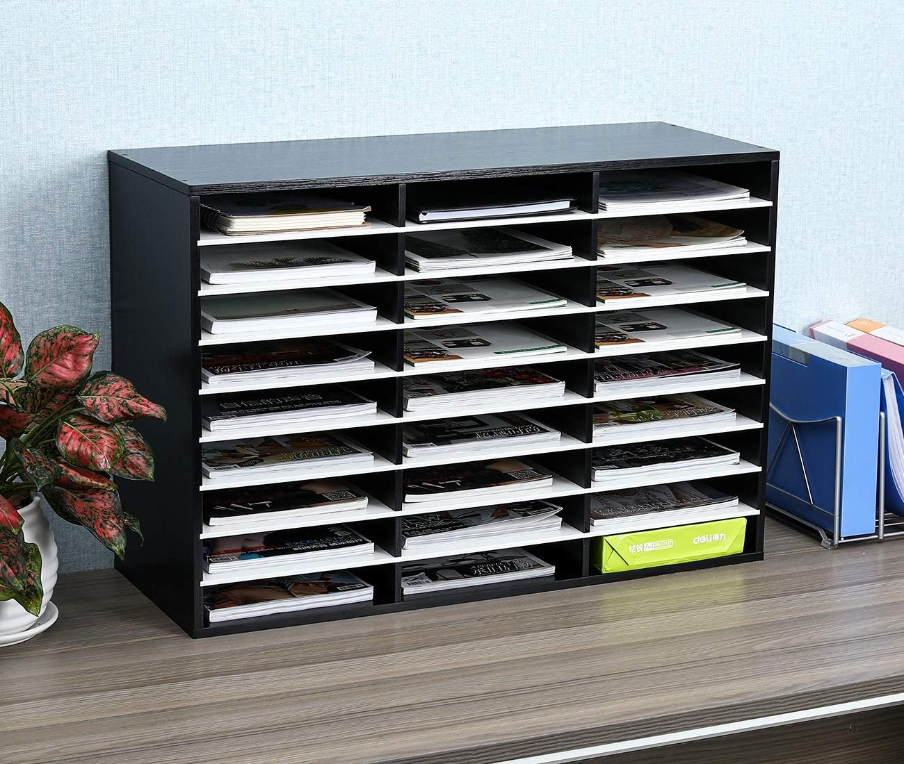 EasyPAG Mail Organizer Countertop, Wood Literature Organizer with Adjustable Shelves, Student Classroom Mailbox for School, Desktop Paper Sorter for Office Home, 27 Compartments, Black/White