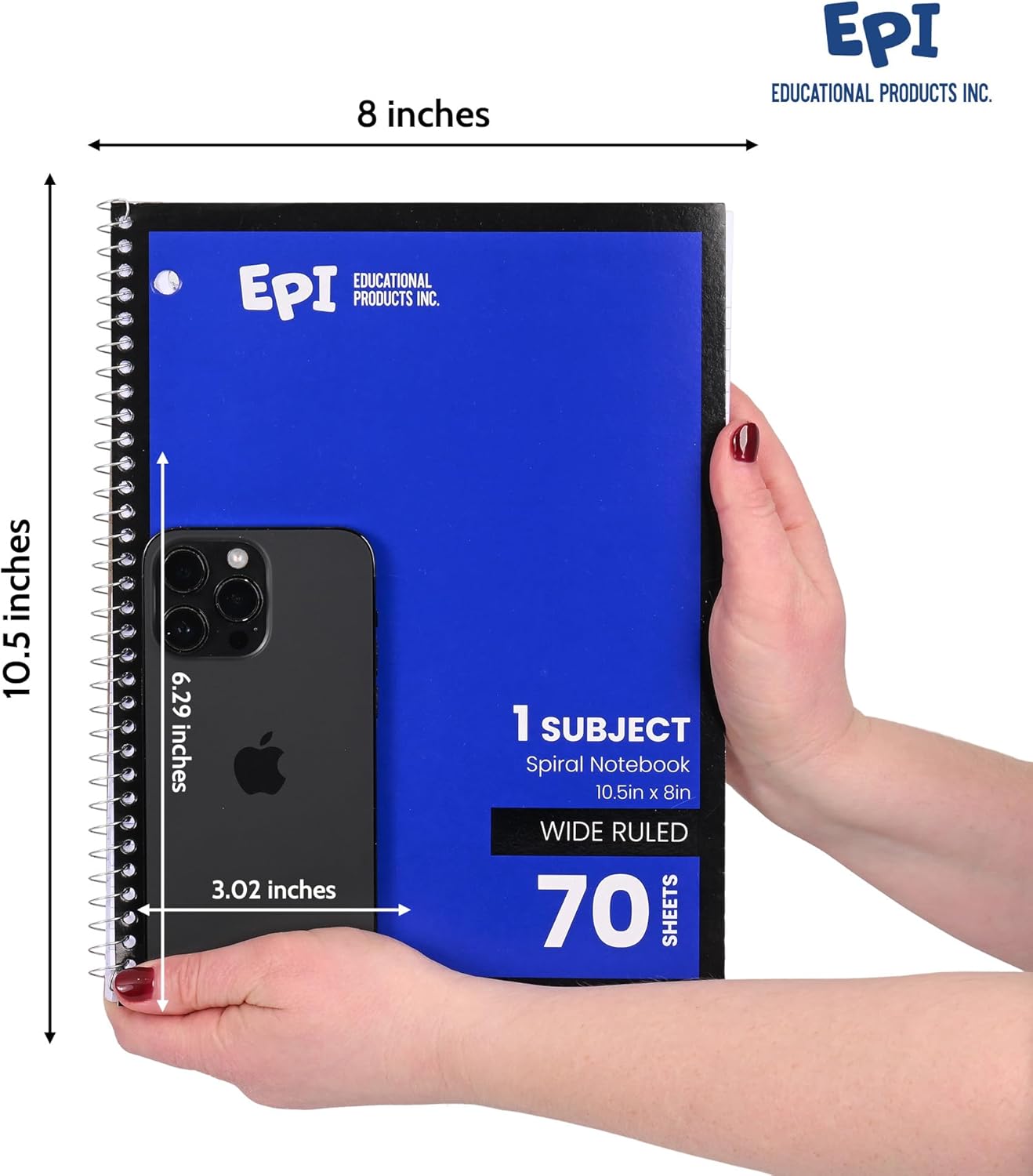 EPI Spiral Notebook | Wide - 70 Sheets, Durable Spiral Binding | 10.5 x 8 in | Classroom Supplies | School, Office, Note Taking, Journaling - 3 Pack