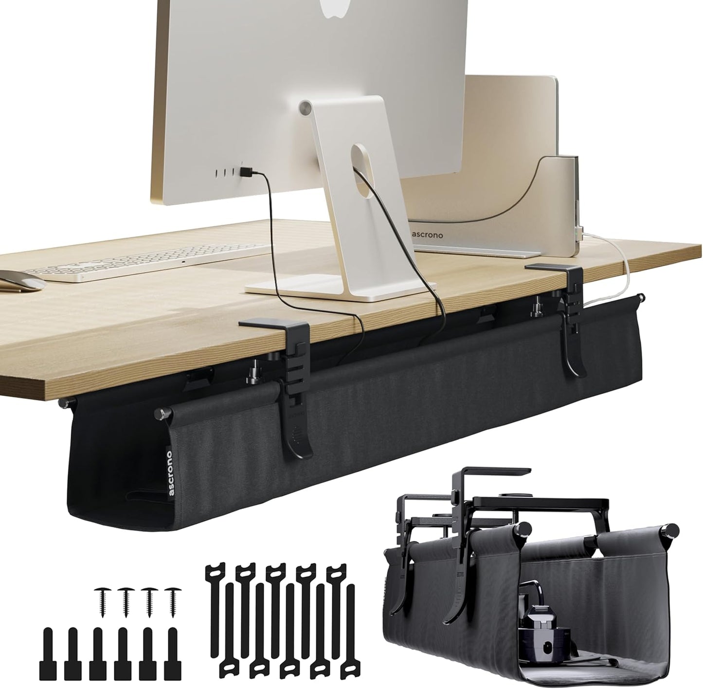 Original No Drill Under Desk Cable Management Tray 40.6" - Premium Black Fabric Cable Management Under Desk - Clamp/Screw Mount Cord Organizer - Supports Upto 66lbs - Large