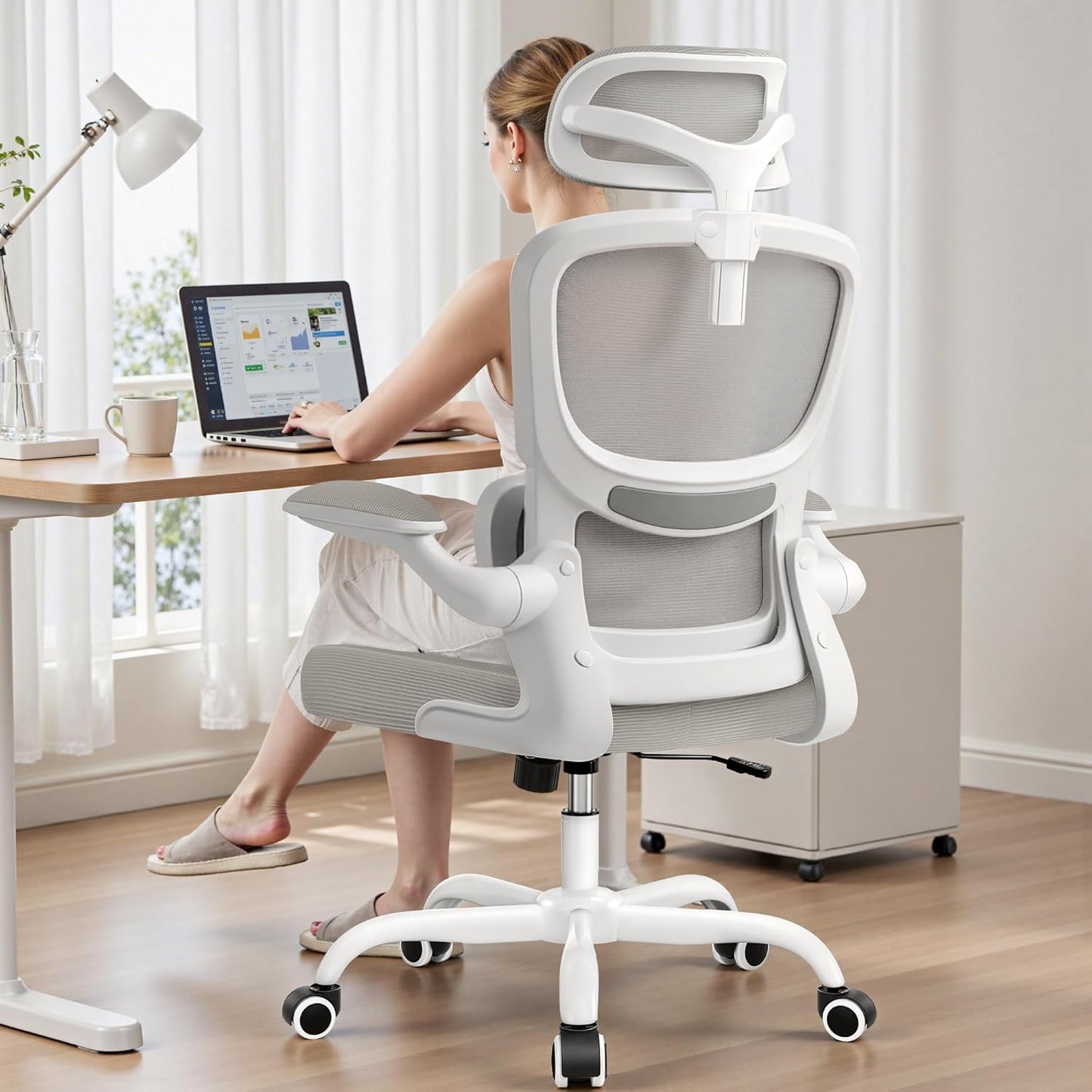 High Back Ergonomic Office Chair, Breathable Mesh Desk Chair with Lumbar Support, Adjustable Headrest, Flip-up Armrests, Computer Gaming Chair