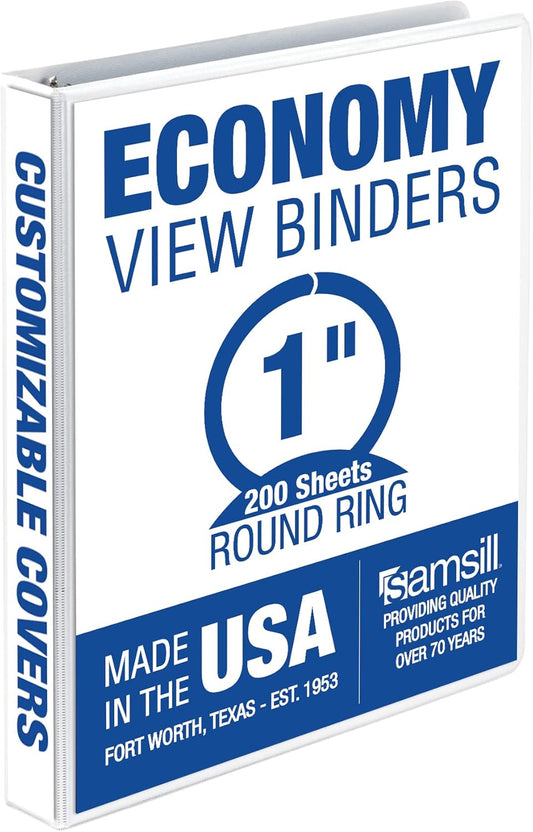 Samsill 1 Inch 3 Ring Binder, Made in USA, Economy Round Ring, Clear View Cover, 200 Sheet Capacity - for School, Home, Office - Pearl White