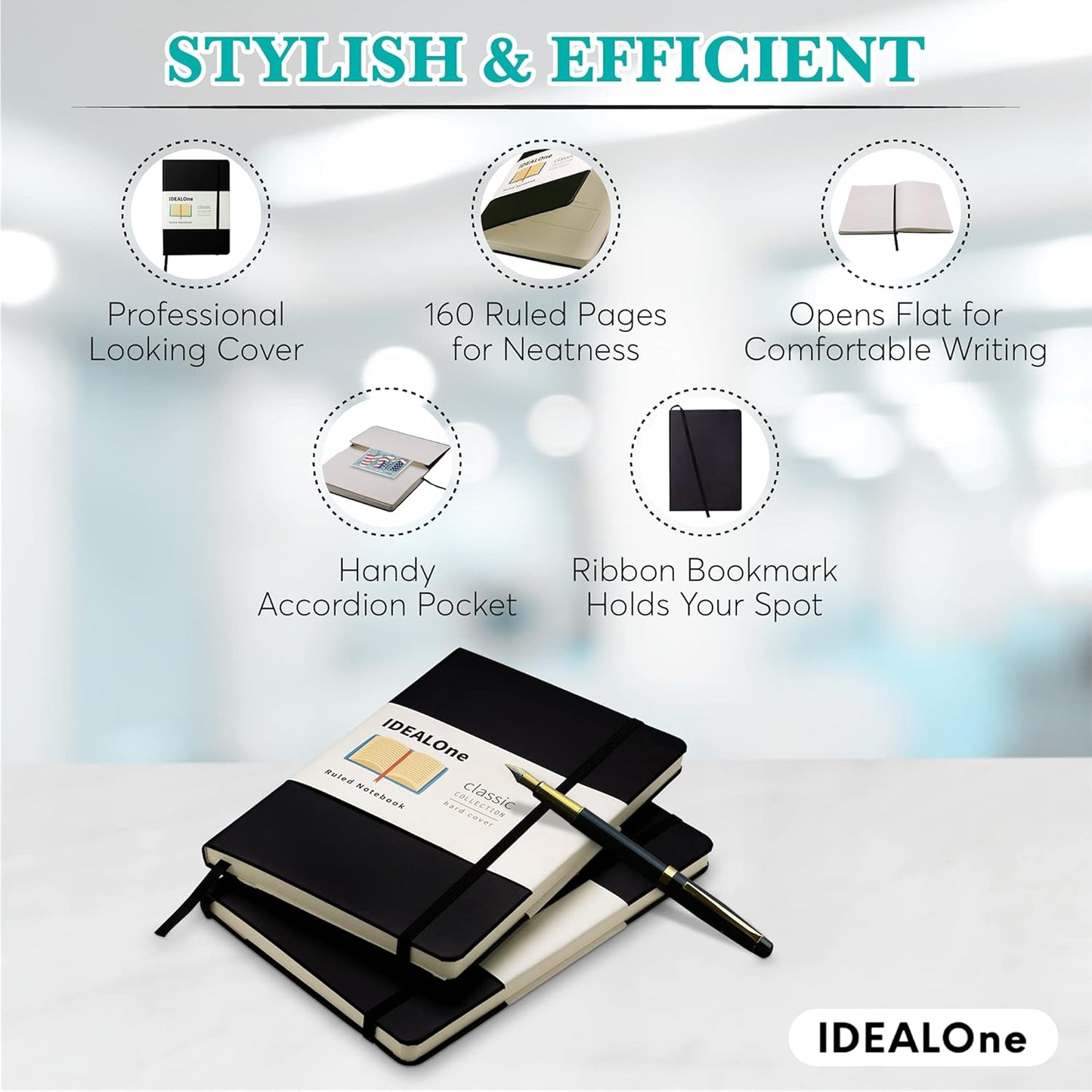 IDEALOne Black 5 pack, Hardcover Leather Journal Notebook Lined–A5 (5.7 x 8), College ruled Journaling Notebooks,160 pages, 100GSM Paper, Journal for Women,Men,Teens