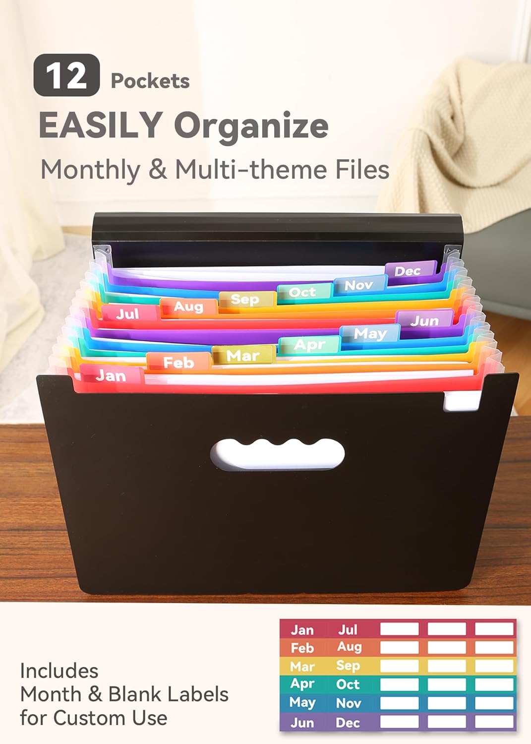 Accordion File Organizer 12 Pockets, Monthly Bill Receipt Tax Organizer, Expanding File Folders with Larger Bright Tabs, Fits Letter/A4 Size - Black