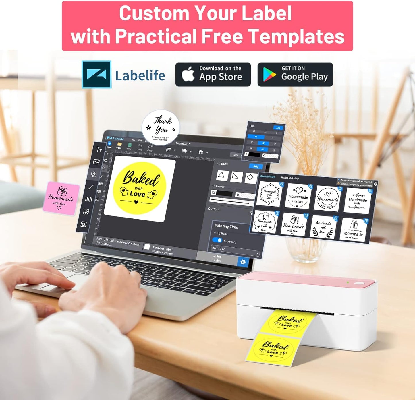 Phomemo Thermal Shipping Label Printer, 241BT Label Printer for Shipping Packages & Small Business, Pink 4x6 Bluetooth Label Printers Compatible with Android iOS Windows, Amazon, Ebay,UPS, Shopify