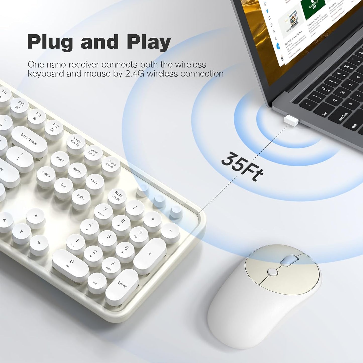 MOFII Wireless Keyboard and Mouse Combo, Computer Full Size 2.4G Plug and Play Wireless Typewriter Retro Round Keyboard and Mouse Set for Windows, Computer, Desktop, PC, Notebook - (Off White)