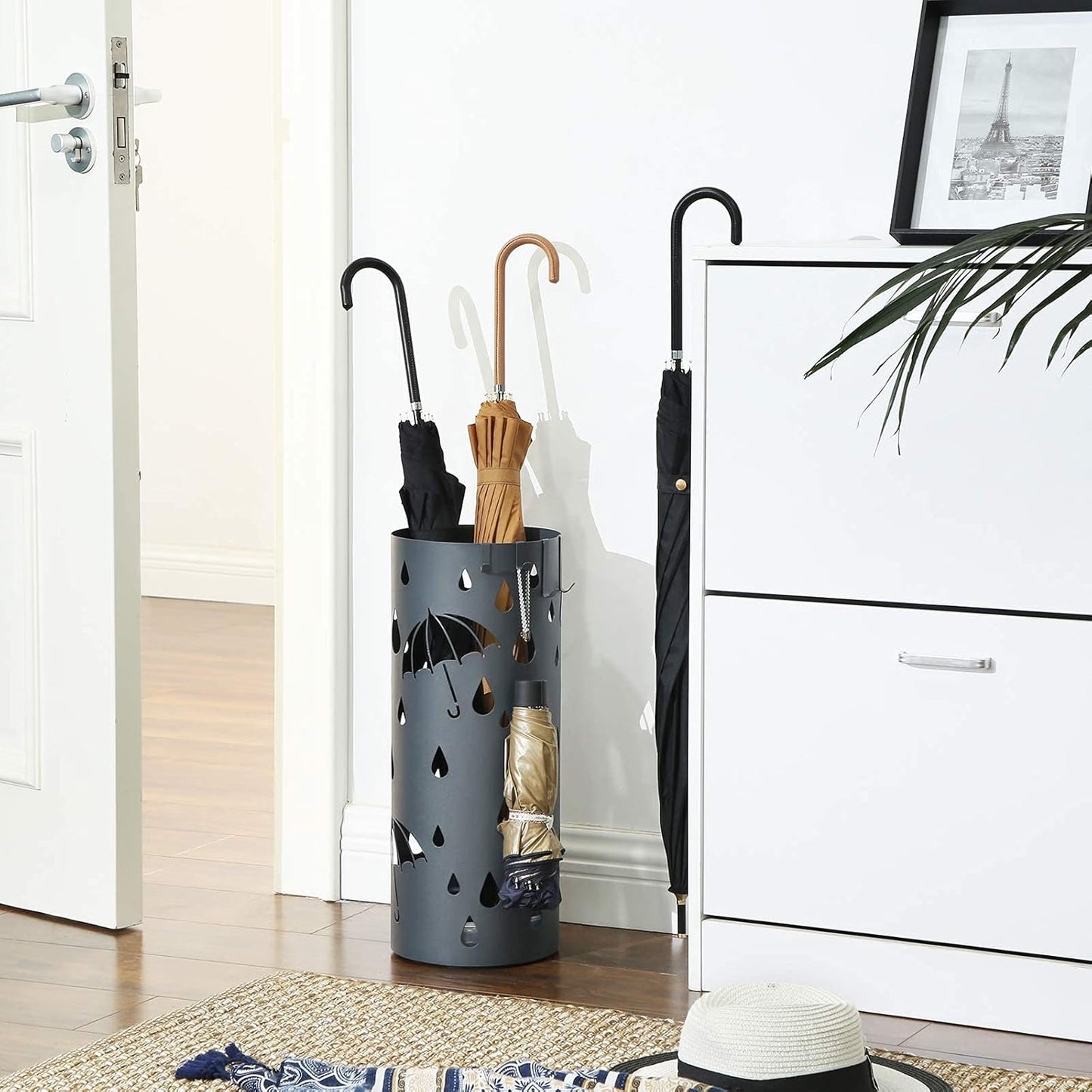 SONGMICS Umbrella Stand, Metal Umbrella Holder for Entryway, with Water Tray and 4 Hooks, 7.7 x 7.7 x 19.3 Inches, Round, Anthracite Gray ULUC23AG