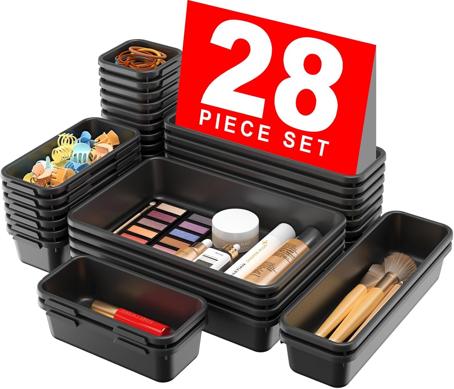 【28PCS】A-LUGEI Drawer Organizer, Bathroom Organizers and Storage, Makeup organizer, Desk drawer organizer, Storage Bins for Kitchen Office Bedroom Vanity Jewelry Pantry Garage【Black】【4Size】