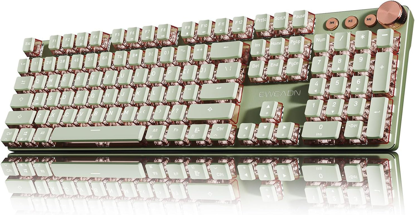 EWEADN V20 Wired Mechanical Keyboard, 104 Keys Backlit LED Keyboards, Media Control Knob, Wired Computer Keyboard Pink Switch for Windows/Mac/PC-Matcha Green