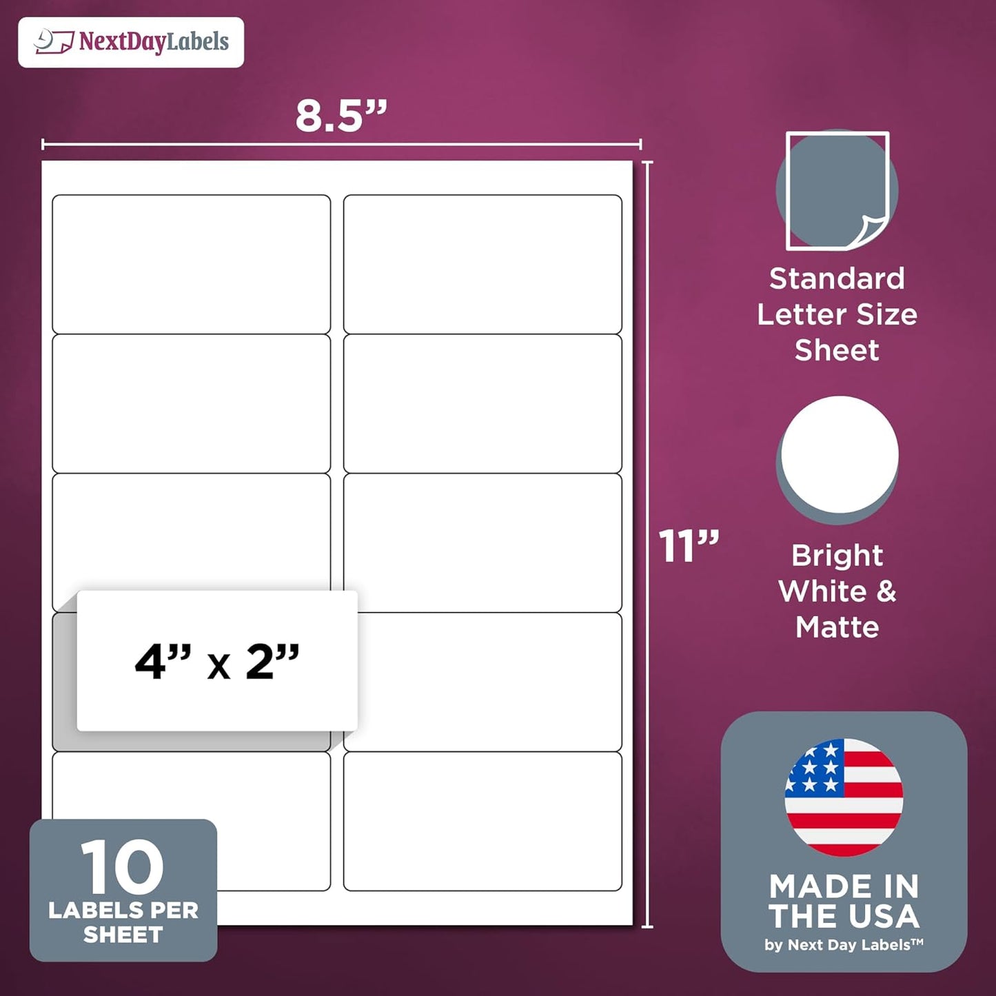 NextDayLabels – 4” x 2” Rectangular Sticker Labels for Printer - White Laser/Inkjet Printer Labels Return Address Labels Shipping Label Stickers (50 Sheets, 10 Per Sheet, 500 Labels)