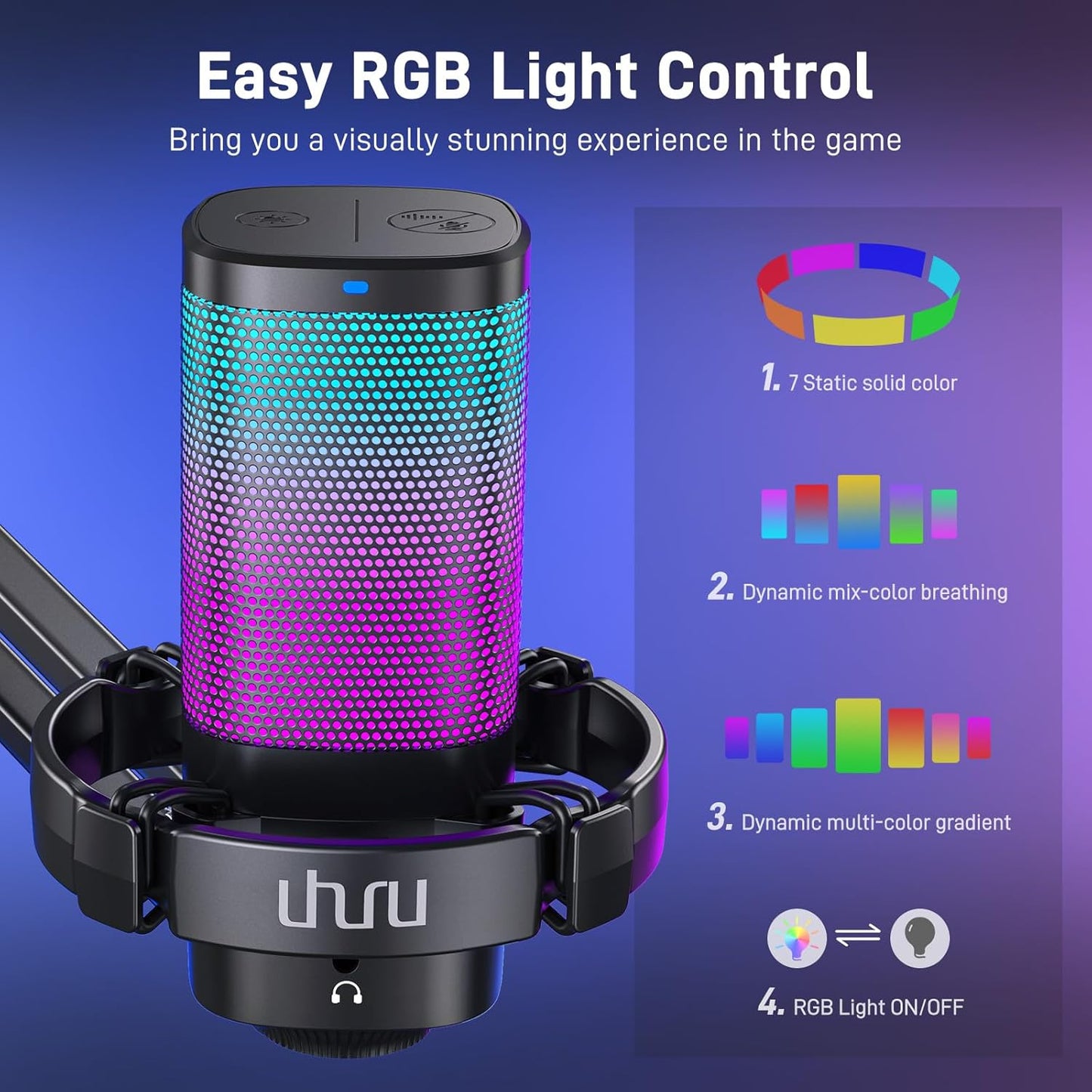 UHURU Gaming USB Microphone for PC, Computer Mic with Controllable RGB for PS4/5 Gamers, Podcast Mic with Boom Arm, Noise Cancellation, Mute Button, Gain Knob for Streaming Discord Twitch-UM2S