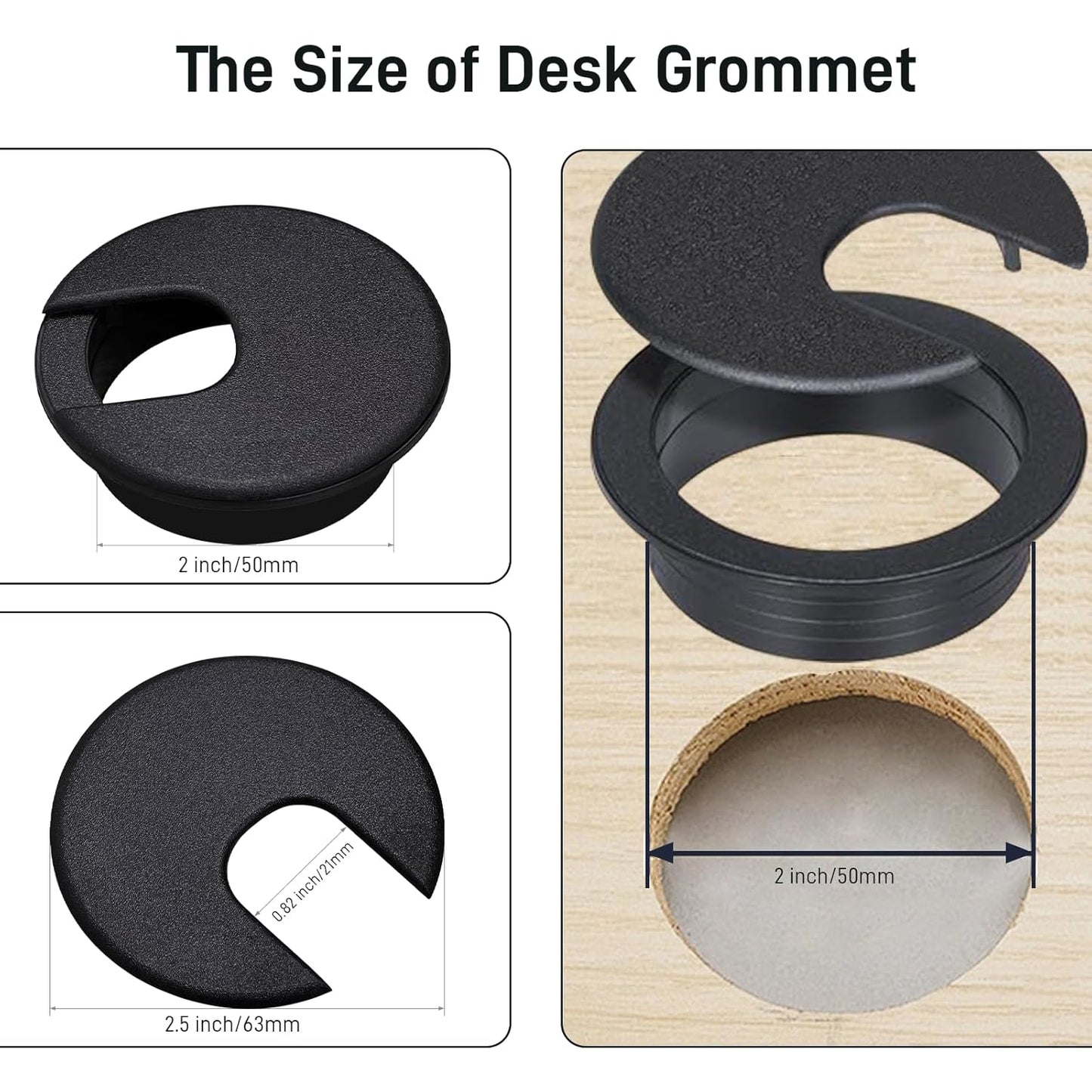 Desk Grommet 2 Inch 4 Pack Sturdy ABS Plastic Desk Hole Cover for Cables Detachable Desk Hole Grommet for Organizing Home & Office Table Cables - Black