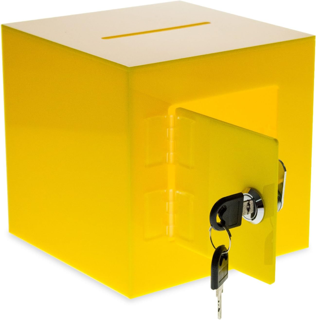 Source One Premium Acrylic Cube Donation Box with Deluxe Rear Open Door and Cam Lock Suggestion Box (12 Inch, Yellow)