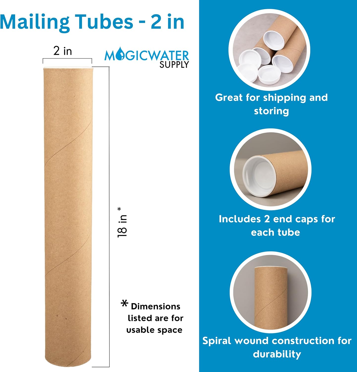 MagicWater Supply Heavy Duty Mailing Tubes - Durable Cardboard for Shipping, Storing & Protecting Posters Artwork Documents and Blueprints with Secure End Caps - 12 Pack 2 in x 18 in Kraft - US Made.