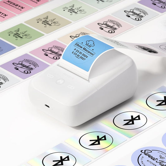 MUNBYN FM226 Label Maker with Tape, Bluetooth Inkless Portable Thermal Sticker Machine,for 0.78-2inch Labels, for Small Businesses, Office Supplies, Address, Clothing, 11H Working Time,White