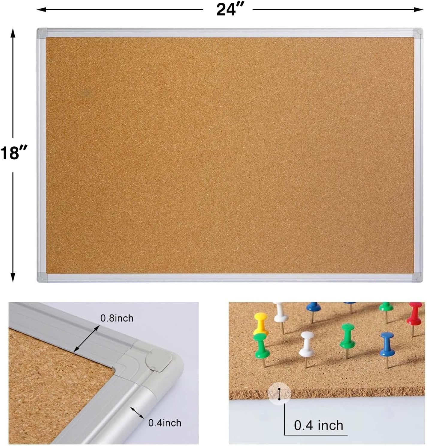 Board2by Cork Board Bulletin Board 24 x 18 Inches, Silver Aluminium Framed Corkboard, Office Board for Wall Cork, Large Wall Mounted Notice Pin Board for Home, Office and School