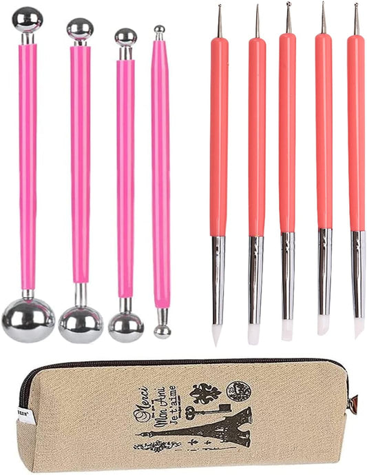4PCS Double-Ended Metal Ceramic Clay Ball Stylus Dotting Tools and 5PCS 2 Way Silicone Polymer and Embossing Paper Flower Indentation Tool for Drawing