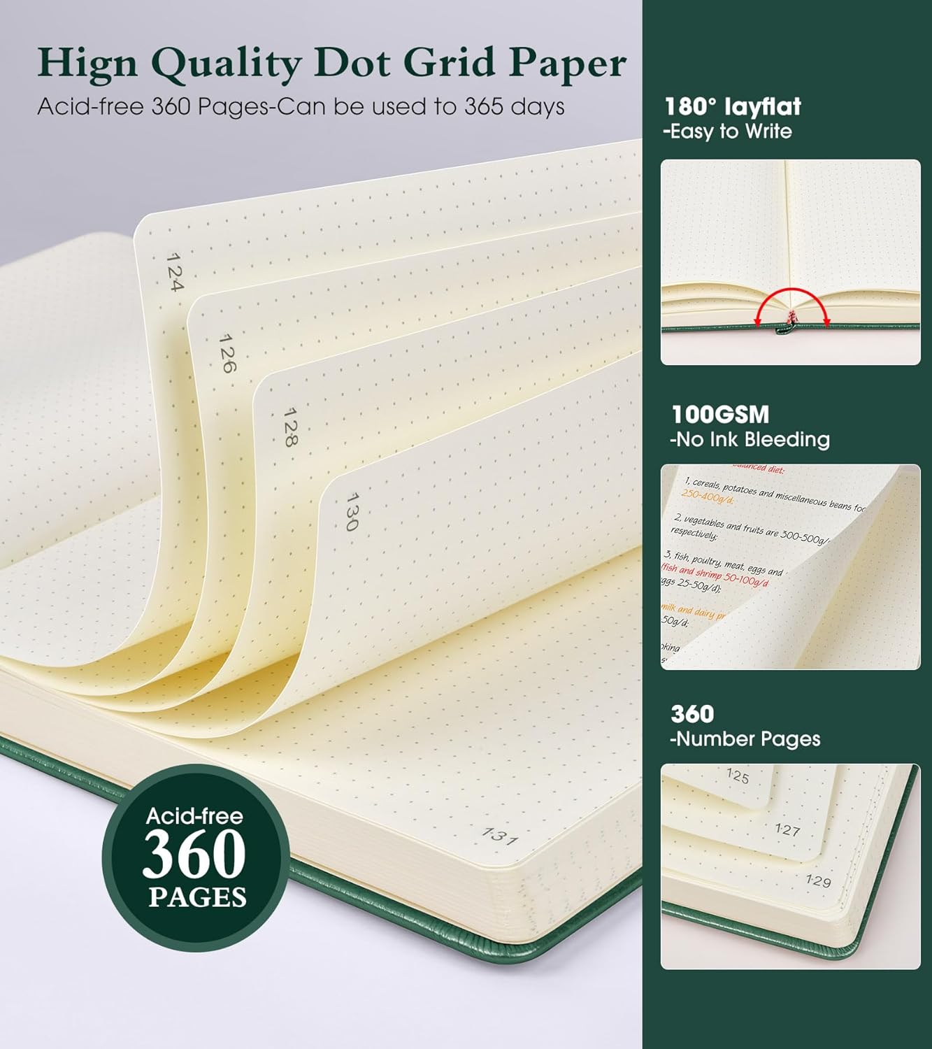 Dotted Journal Notebook, 360 Numbered Pages Bullet Dot Grid Journal,100gsm Dot Paper Thick Hardcover Leather Journal for Writing Women Men, A5 Dotted Grid Notebooks for Work 5.75" x 8.38" Green