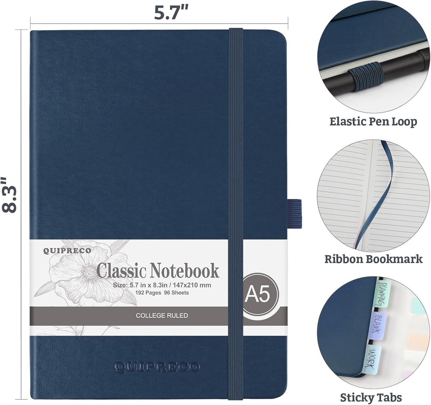 Hardcover Lined Bullet Dotted Journal Notebook, A5 140 192 Pages 100 120Gsm Paper College ruled for School,Work,Travel,and Daily Planning，5.7''*8.3'' (1, Navy, A5 Lined)