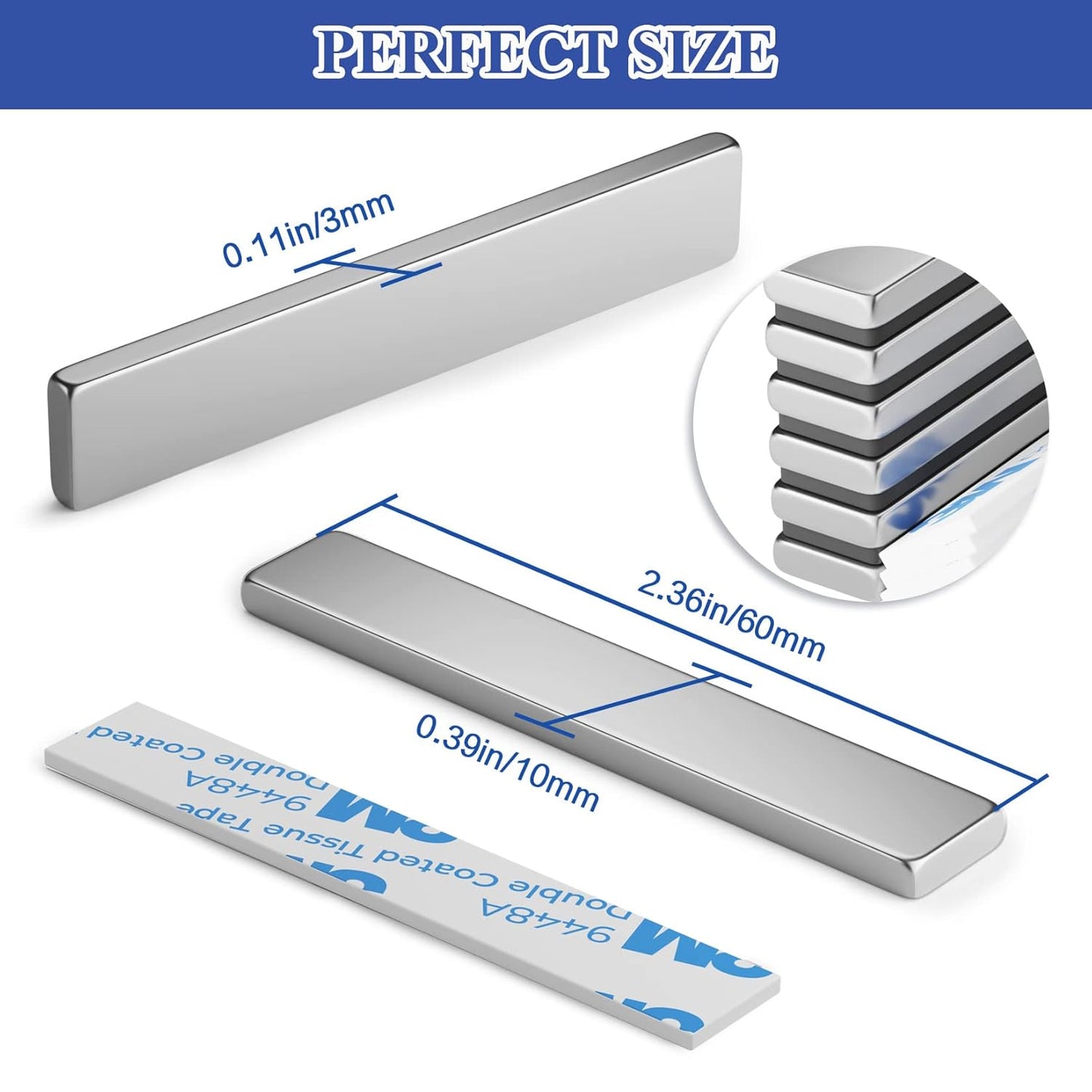 Grtard 20 Pack Neodymium Magnet Bar, Strong Rare Earth Magnets with Double-Sided Adhesive, Magnet Strips Heavy Duty Perfect for Fridge, Garage, Kitchen, Science, Craft, Office, DIY - 60 x 10 x 3 mm