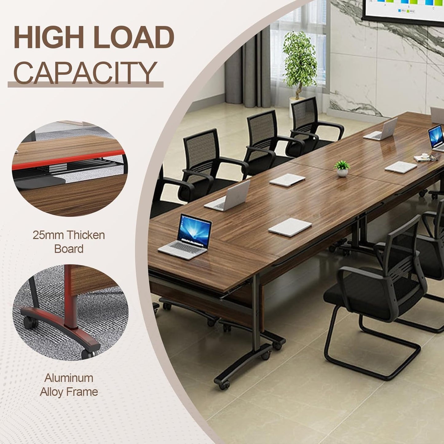 Folding Conference Room Table, Modern Conference Tables with Wheels, Large Rectangular Mobile Training Tables for Office Classroom, Foldable Modular Boardroom Seminar Table Walnut (2pack L55.1in)