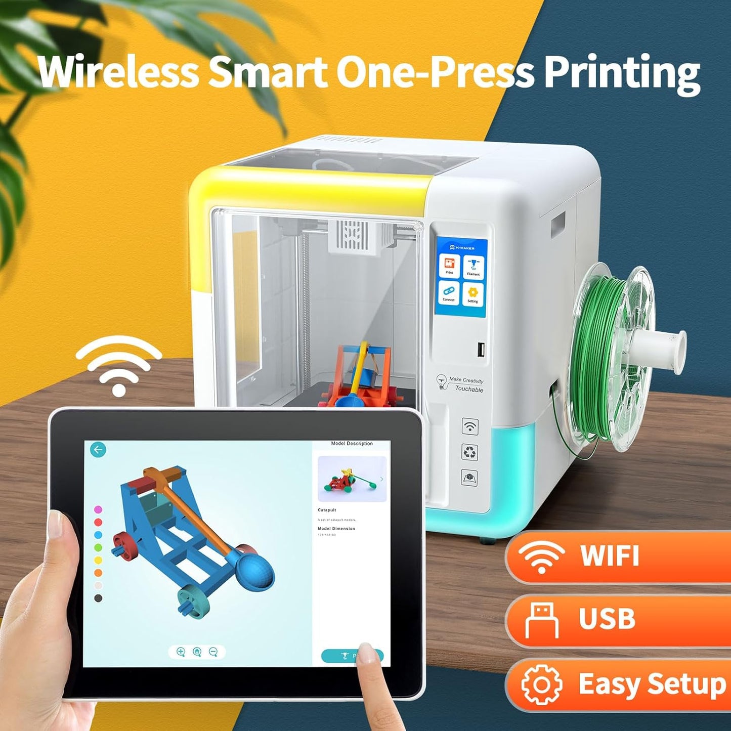 X-Maker 3D Printer for Kids and Beginners, Fully Assembled High-Speed 3D Printer with 8 PLA Filament Set, Leveling-Free Bed, Wi-Fi Printing, Resume Printing, Silent, High Precision, with App