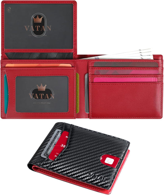 VATAN Wallet for Men, Mens Minimalist Wallet Credit Card Holder, Slim Leather Rfid 2 ID Window Large Capacity With Gift Box (Carbon black and Red)