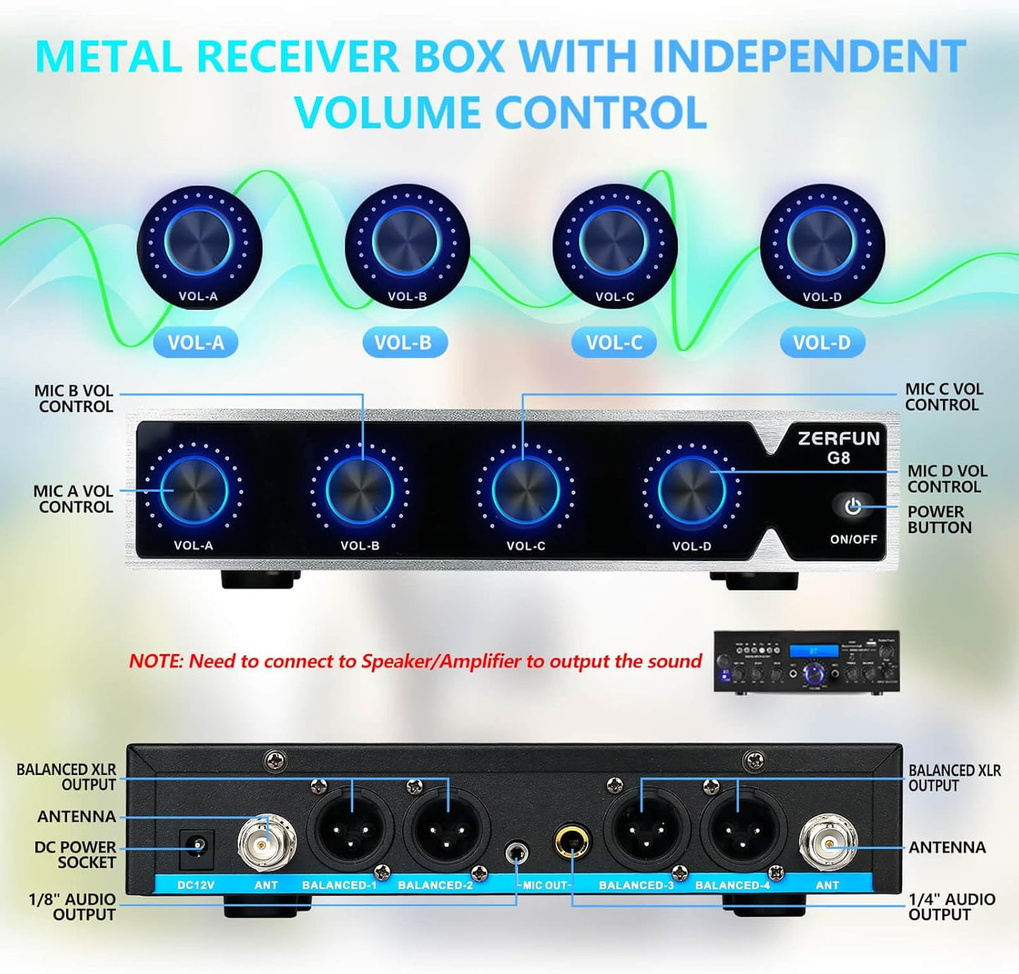Pro Rechargeable Wireless Microphone System 4 Channel, UHF Metal Handheld Wireless Microphones Cordless Mics with VOL Control, 4x50 Adjustable Frequency for Karaoke Singing Church(G8)