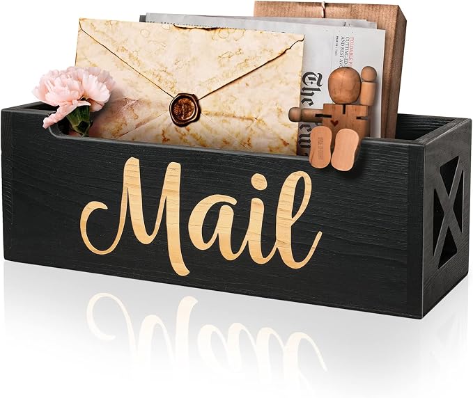 Mail Organizer Mail Holder Countertop, Rustic Wooden Mail Basket Mail Tray by Botop