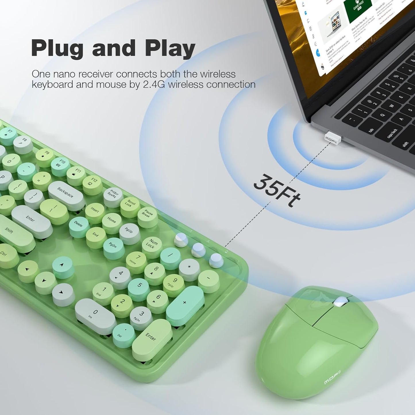 Wireless Keyboard and Mouse Combo, 104 Keys Full-Sized 2.4 GHz Round Keycap Colorful Keyboards, USB Receiver Plug and Play, for Windows, PC, Laptop, Desktop (Green Colorful)