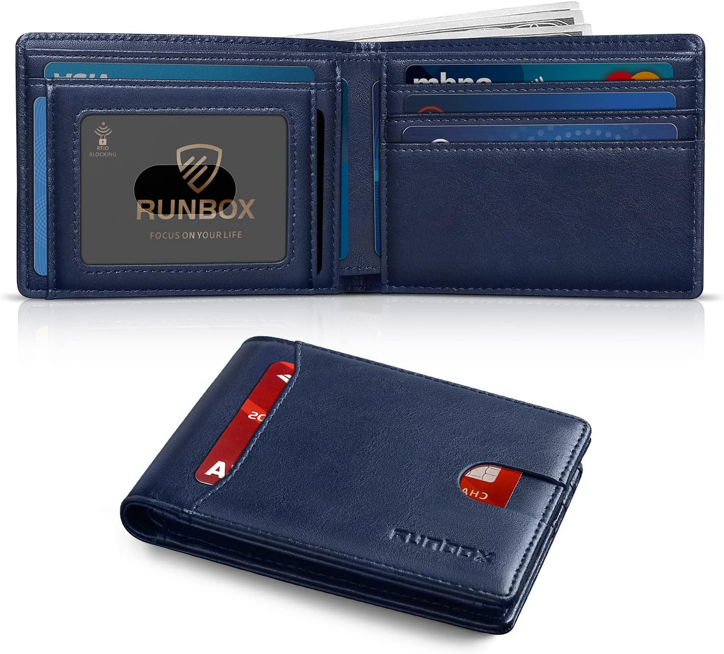RUNBOX Novelty Wallet for Men Slim 11 Credit Card Holder Slots Leather RFID Blocking Small Thin Men's Wallet Bifold Minimalist Front Pocket Large Capacity Gift Box