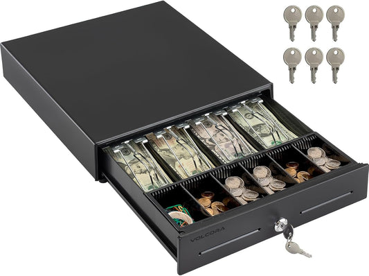 Volcora 13" POS Cash Register Drawer, 4 Bill 6 Coin Tray, Removable Coin Compartment, 24V RJ11/RJ12 Key-Lock, Media Slot, Black – Ideal for Small Businesses