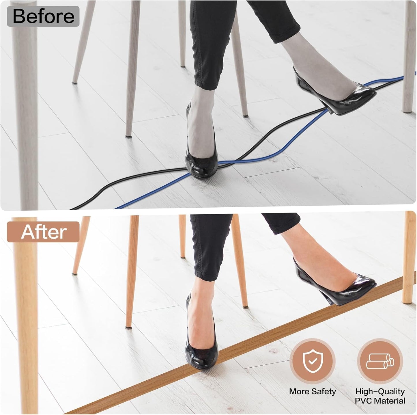 Floor Cord Cover Self Adhesive Cord Hider Floor Extension Cord Covers for Floor Power Cord Protector Cable Management Prevent Cable Trips Cable Cavity 0.47" W x 0.27" H (Light Brown Wood, 20Ft)
