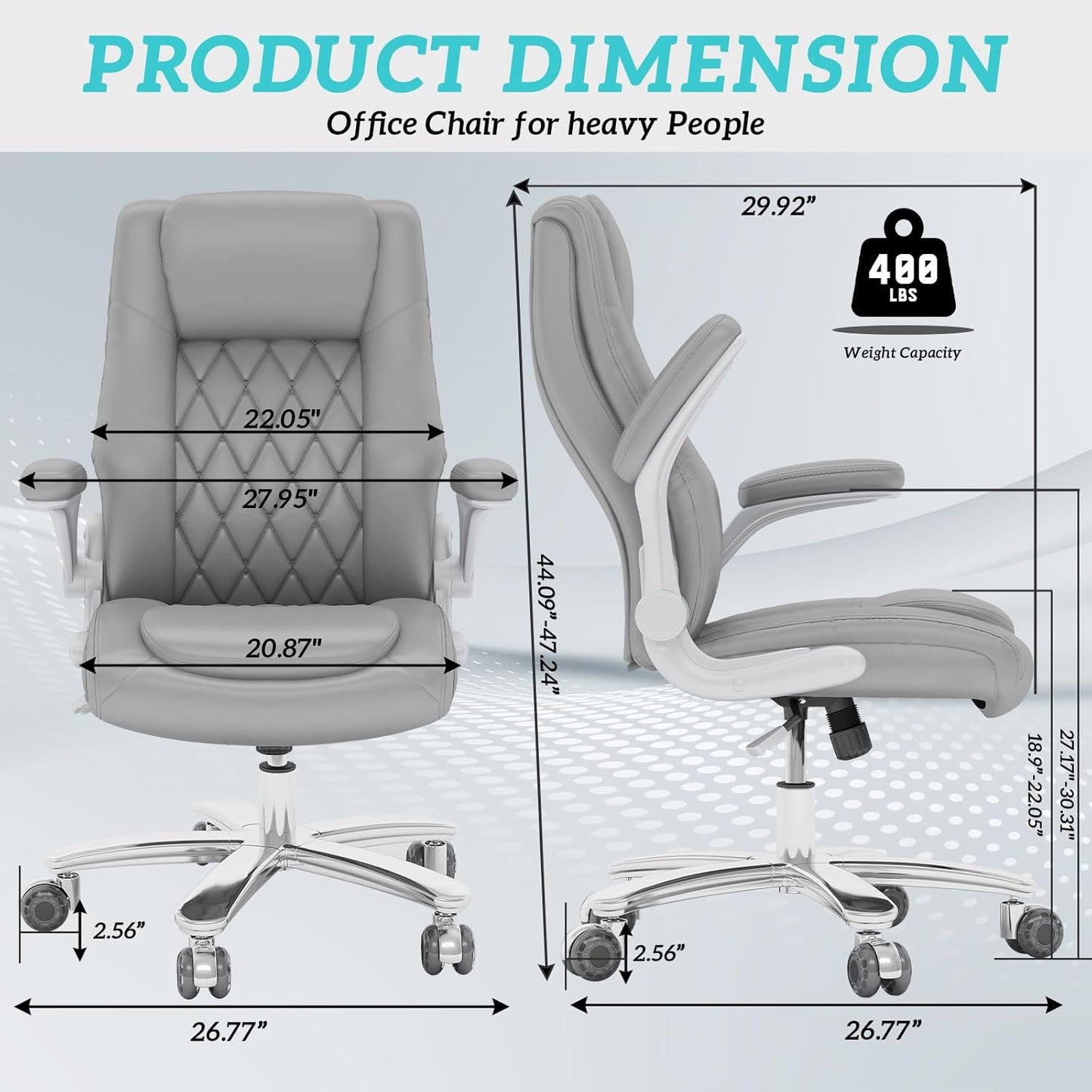 GYI O205P High Back Executive Office Chair, Big and Tall Office Chair 400LBS with Rubber Wheels,Ergonomic Adjustable Computer Desk Chairs with Padded Flip-up Armrests,Lumbar Support (Grey)