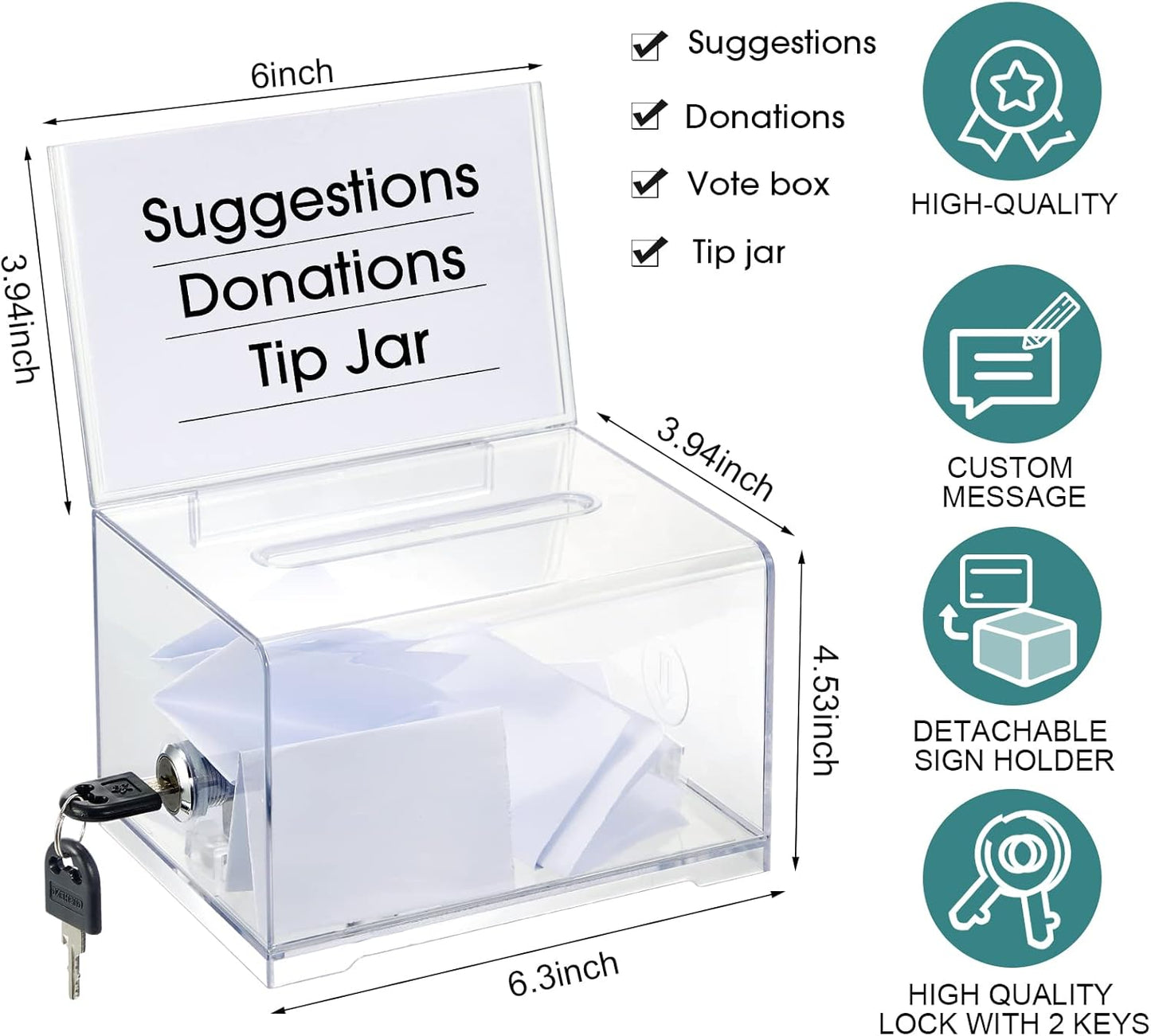 Chunful 6 Pcs Acrylic Donation Box with Lock and Sign Holder Clear Ballot Donation Boxes with Slot for Fundraising Suggestion Box Storage Container for Voting, Raffle Bowl, Tip Jar