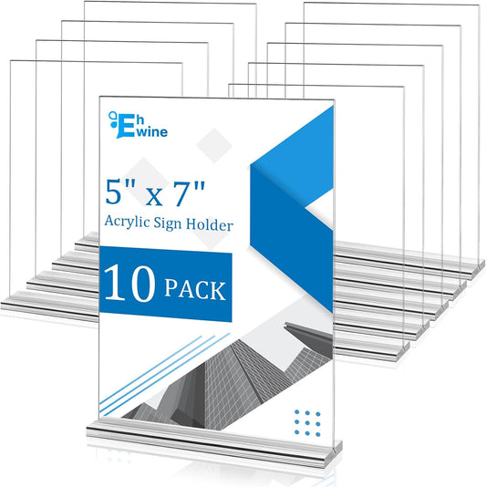 EHWINE 10 Pack Acrylic Sign Holders - 5 x 7, Double-Sided Stand Up Table Top Sign Holders, Clear Acrylic Picture Frame Menu Flyer Paper Display Stand for Office Business Store Wedding Party