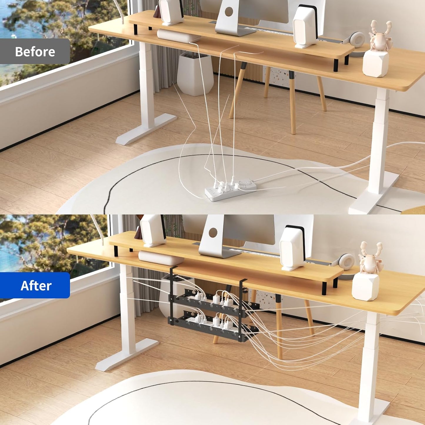 31Inch Extendable Under Desk Cable Management Tray Multi-Model Metal Cable Management Tray Under Desk Cord Management with Clamp Power Strip Cord Holder for Wire Cable Management, Black