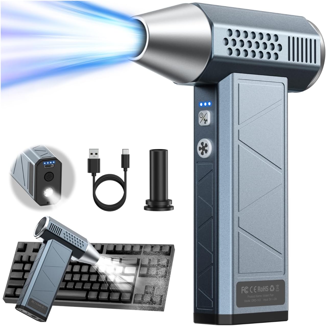 Compressed Air Duster, 360000RPM, 52m/s, Cordless Electric Air Duster with Flashlight, 4-Speed Adjustable Mini Air Blower Gun, USB-C Charging