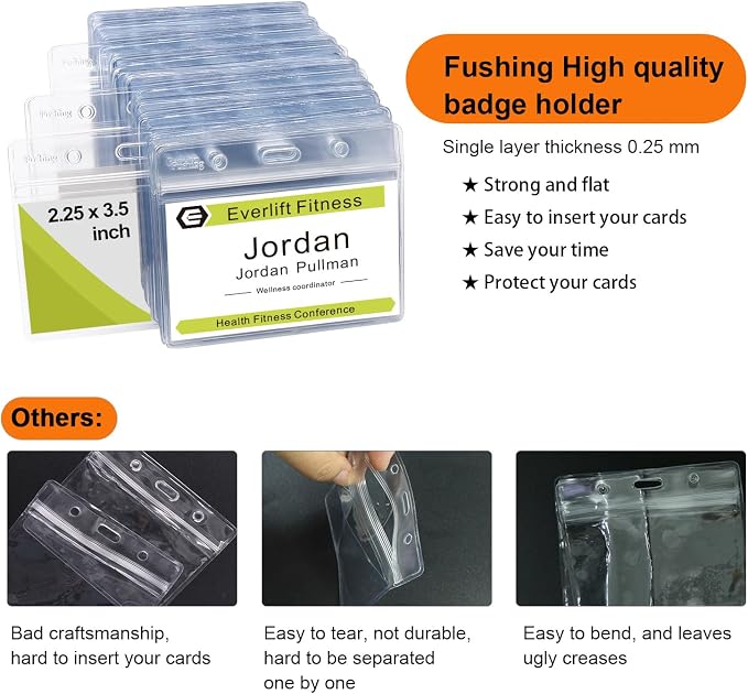 Fushing 200 Pcs Clear Plastic Horizontal Name Tag Badge ID Card Holders - Image 4