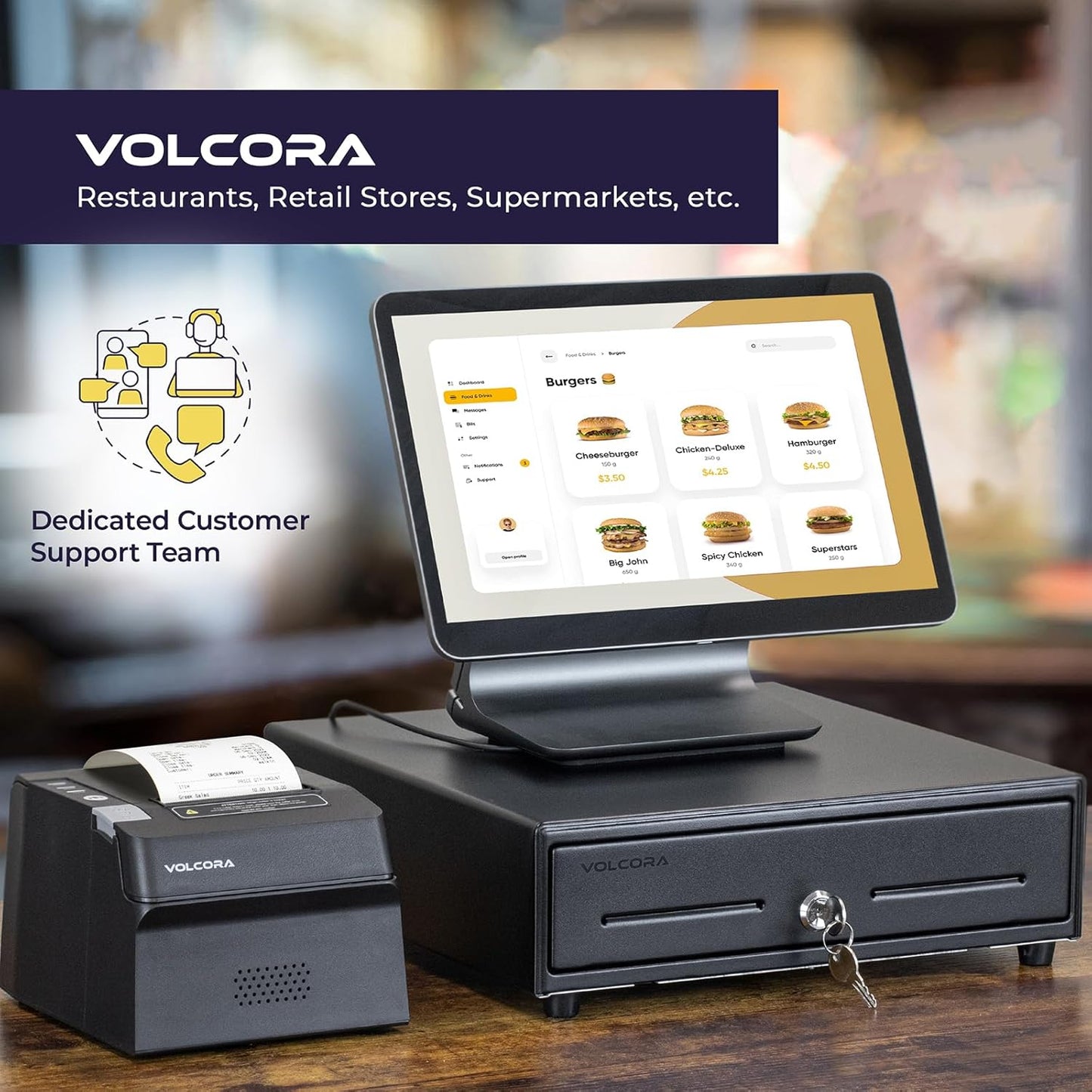 Volcora 13" Cash Register Drawer for Point of Sale (POS) System with Fully Removable 2 Tier Cash Tray, 4 Bill/5 Coin, 24V, RJ11/RJ12 Key-Lock, Double Media Slot, Small Money Drawer, Black