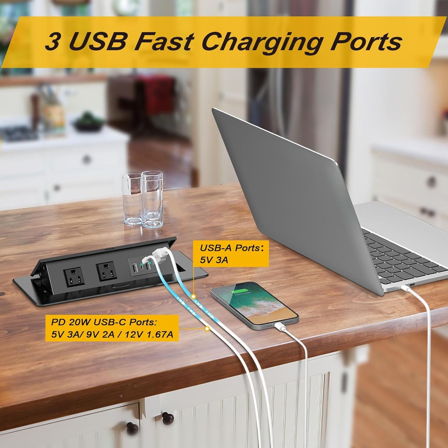 UL Listed Recessed Power Strip, Pop Up Power Cover Box Desktop Socket with PD 20W USB C Charging Ports, Stainless Steel Receptacle Outlet for Conference Room Countertop (Black-USB C)