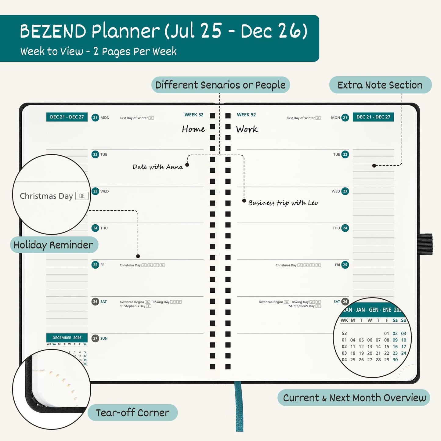 BEZEND Weekly Planner 2025-2026 with 2 Columns, 8.5" x 11" Academic Calendar 18 Months (Jul 25-Dec 26) Life Work Appointment Book with Monthly Tab, PU Leather Softcover Spiral - Dutch Blue