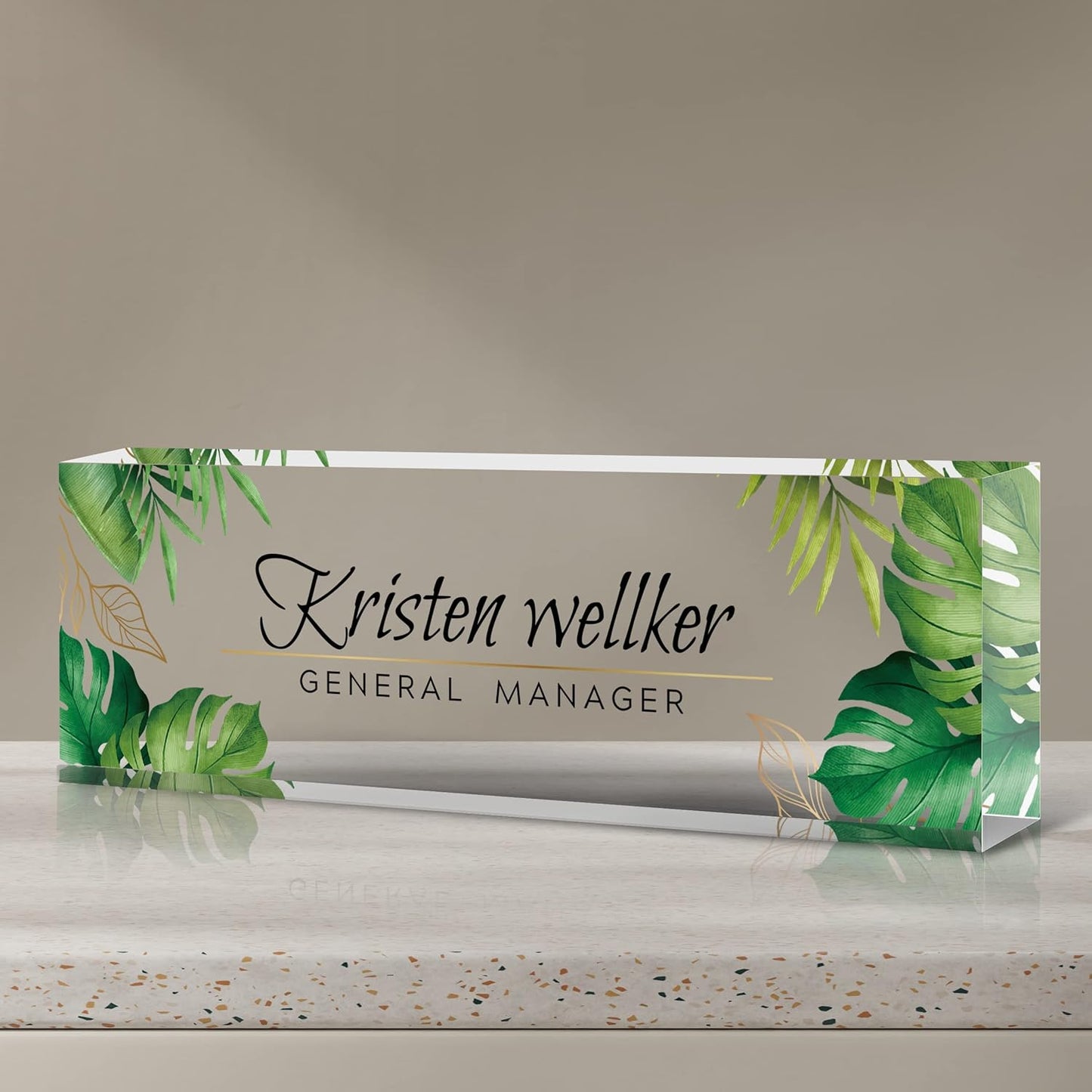 Premium Green Monstera Personalized Acrylic Name Plate - Desk Decor for Women or Men, Boss, Employee, Teacher
