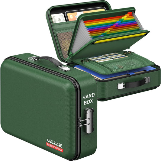 Fireproof Document Folder, Hard Fireproof Waterproof Document Box with Lock Creative Hard-Shell Design Fireproof Document Box for Important Documents Certificates Laptop Passports Green
