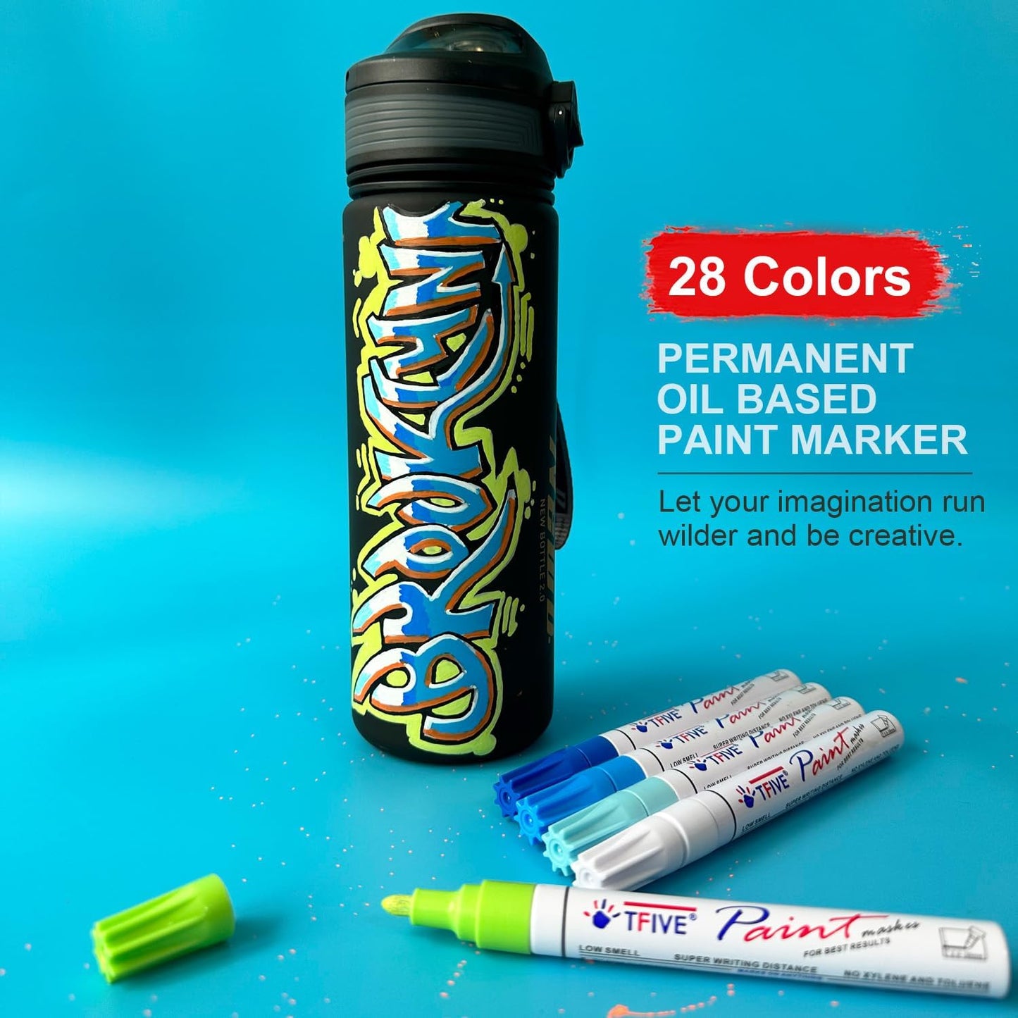 TFIVE Paint Markers Pens Set, 28 Color Oil-Based Permanent Paint Marker, Medium Tip, Quick Dry and Waterproof Pen for Rock Painting, Ceramic, Wood, Fabric, Plastic, Canvas, Glass, Mugs