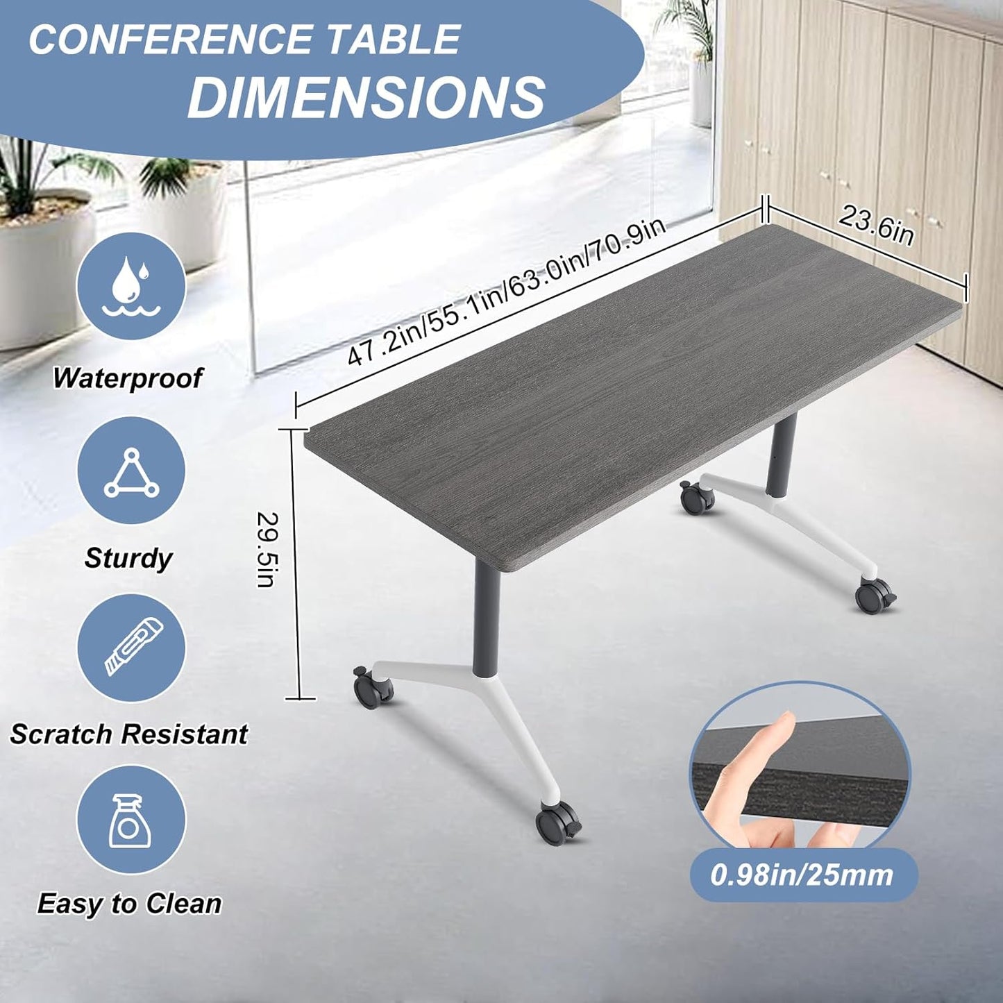 Folding Conference Table, Mobile Training Table for Office Conference, Modern Modular Rectangular Work Desk Meeting Seminar Work Tables with Caster Wheels, Large Breakroom Tables (6Pack L63in)