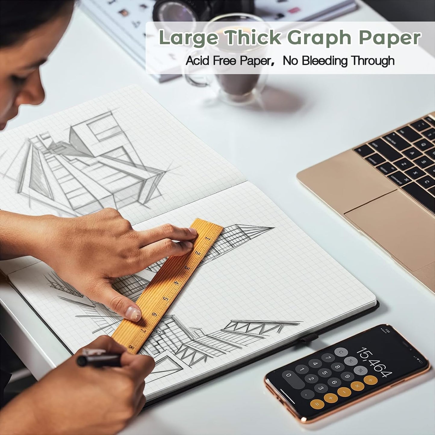 Graph Paper Notebook, Hardcover Notebook 8.5 x 11, Grid Notebook Journal for Women, Men, Large Leather Journals for Writing, Thick Paper, A4 Notebooks for Work, School Supplies, Engineering Olive