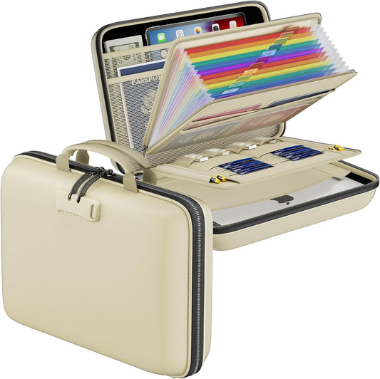 DocSafe Fireproof File Organizer with Lock, Hard-Shell Case Fireproof Document Box with 13 Pocket Accordion File Folder, Portable Home Office Travel Safe Storage for Important Documents Laptop Beige