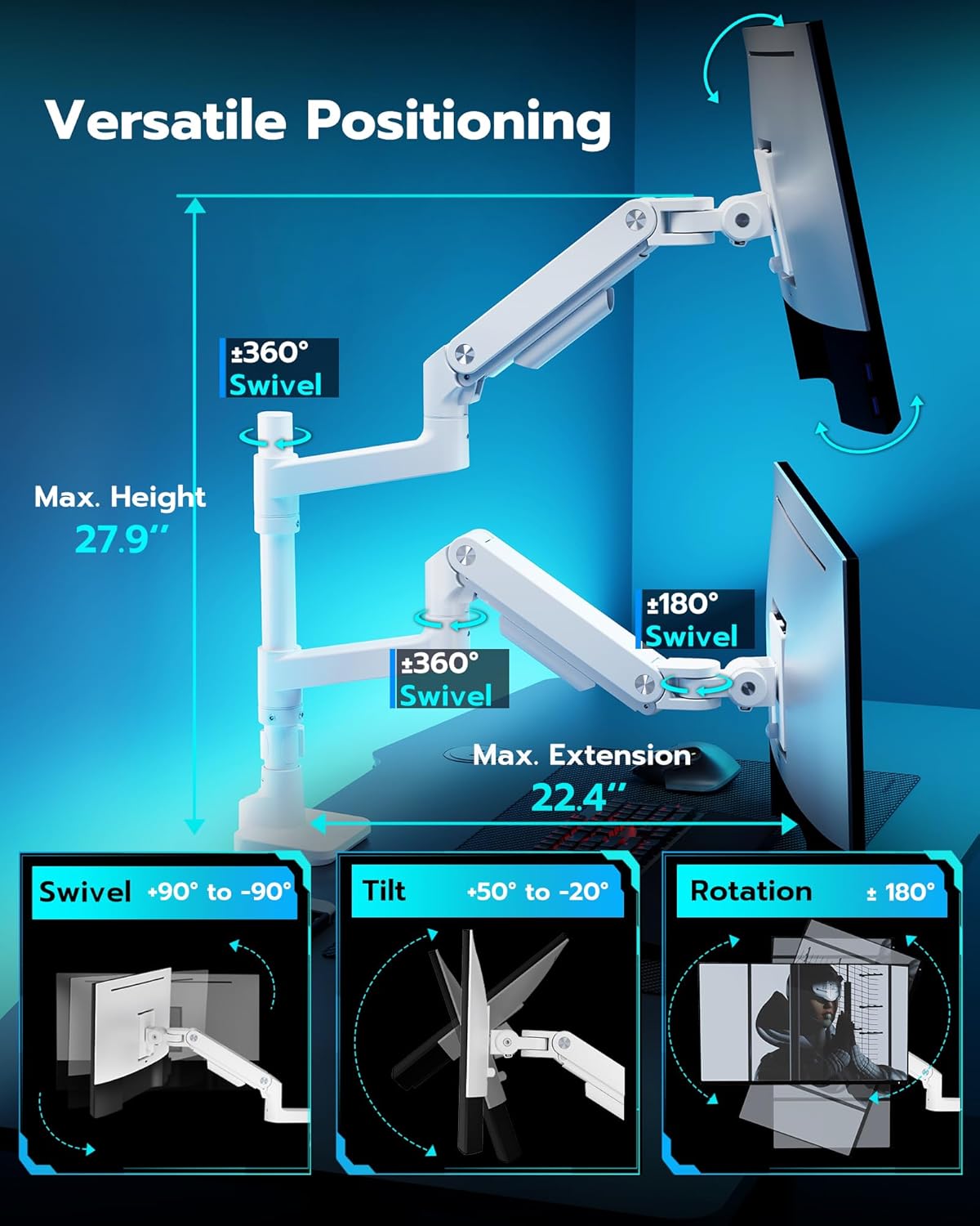 ARES WING Dual Monitor Stand for Ultrawide Heavy Duty Curved Monitor Stacking, Fits 17-49 Inch, Vertical Gas Spring Double Monitor Mount with USB, Adjustable Dual Monitor Mount for Desk, White