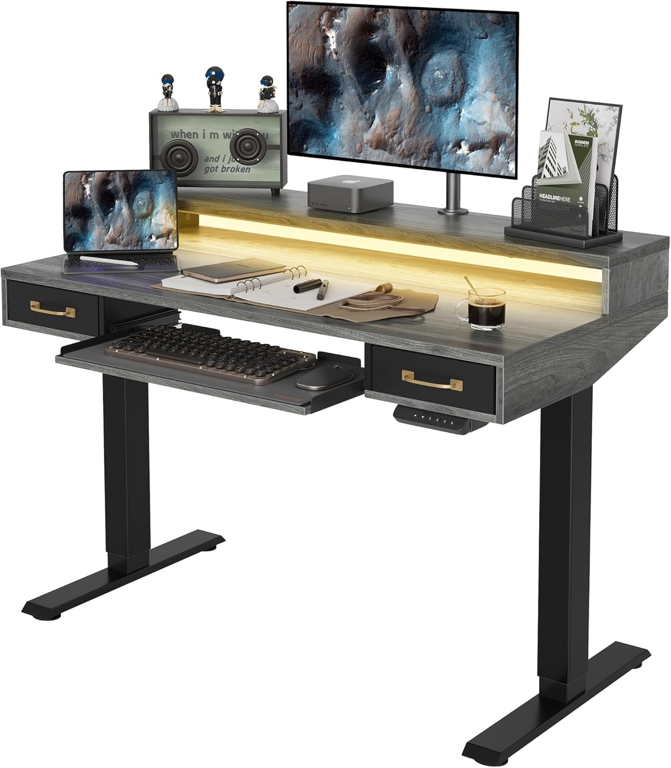 FEZIBO 48 x 24 Inch Height Adjustable Electric Standing Desk with Double Drawers&Keyboard Tray, Stand Up Desk with LED Strips&Monitor Stand,Rustic Grey Top